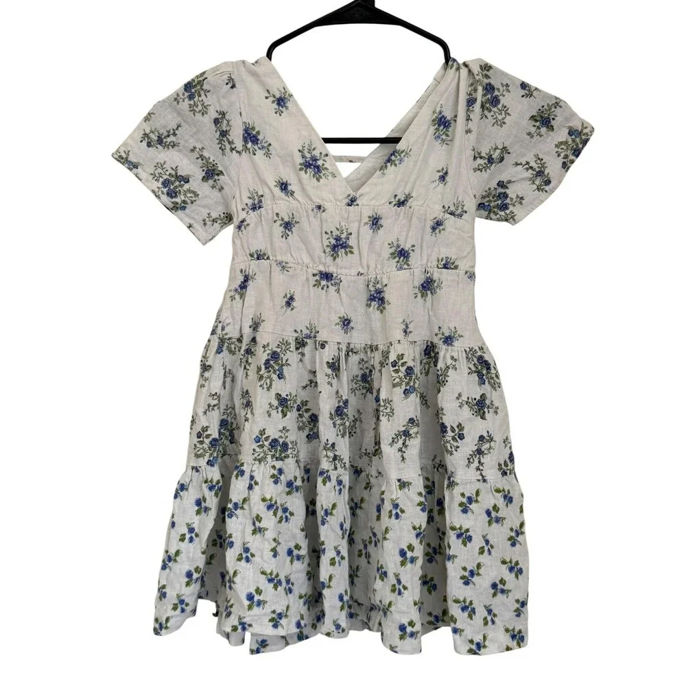 Zara Girls Floral Tiered Dress Blue White Short Sleeve Size 6-7